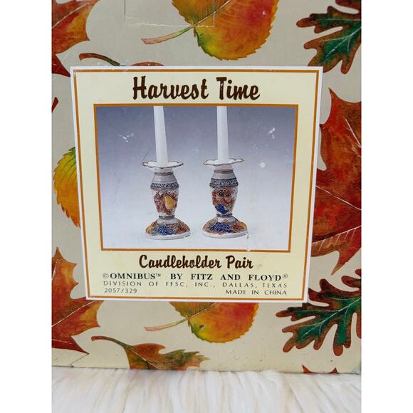 VTG 1995 Omnibus By Fitz & Floyd Harvest Time Leaf & Fruit Candleholder Pair - Picture 3 of 7